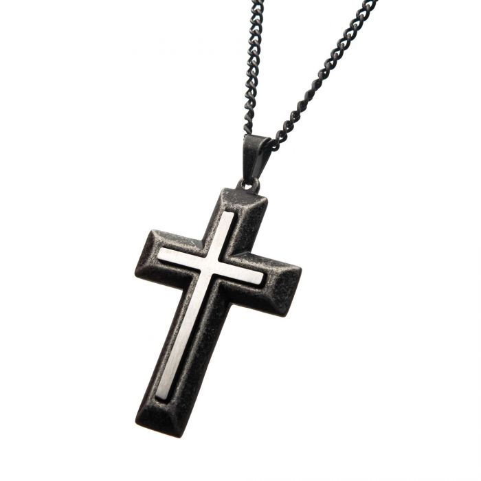 Stainless Steel & Antiqued Finish DoubleLayered Cross Pendant with Chain