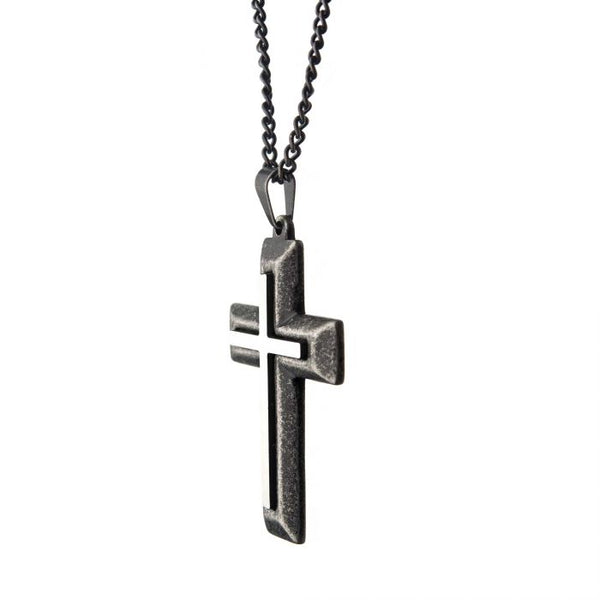 Stainless Steel & Antiqued Finish DoubleLayered Cross Pendant with Chain