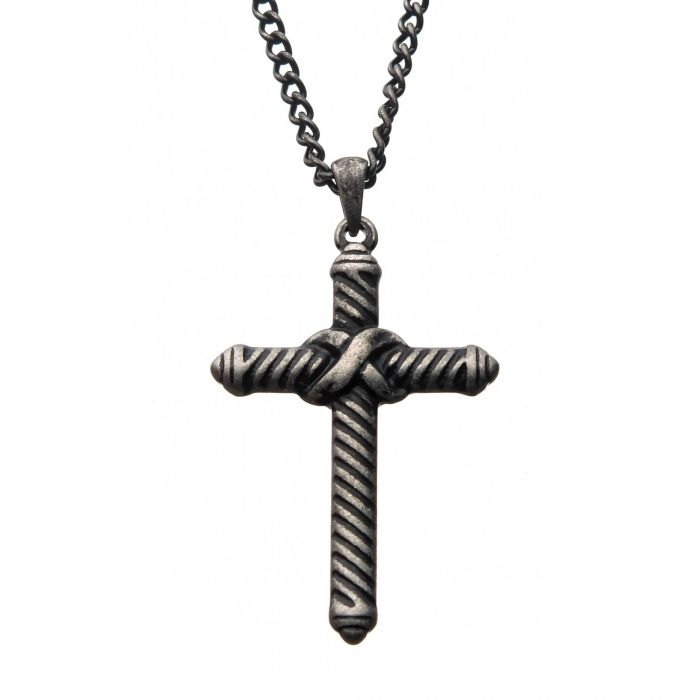 Stainless Steel with Antiqued Finish in Twisted Cable Design Cross Pendant with Chain