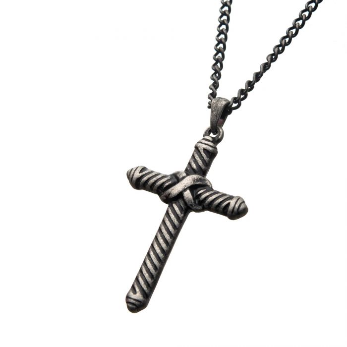 Stainless Steel with Antiqued Finish in Twisted Cable Design Cross Pendant with Chain