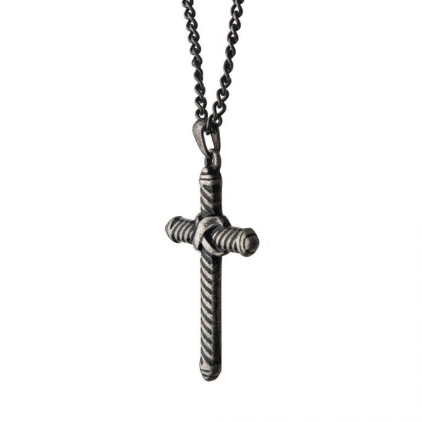 Stainless Steel with Antiqued Finish in Twisted Cable Design Cross Pendant with Chain