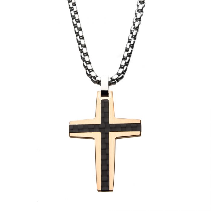 Black and Rose Gold Plated with Carbon Fiber Link Inlay Cross Pendant with Steel Chain