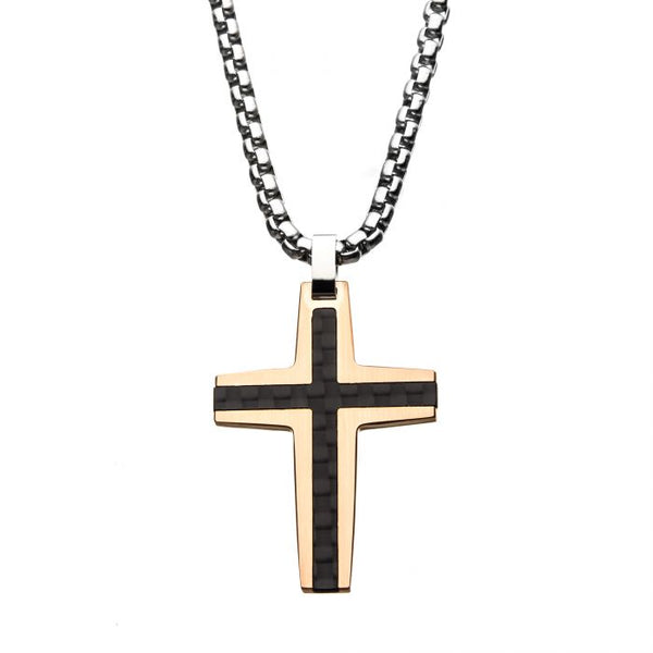 Black and Rose Gold Plated with Carbon Fiber Link Inlay Cross Pendant with Steel Chain