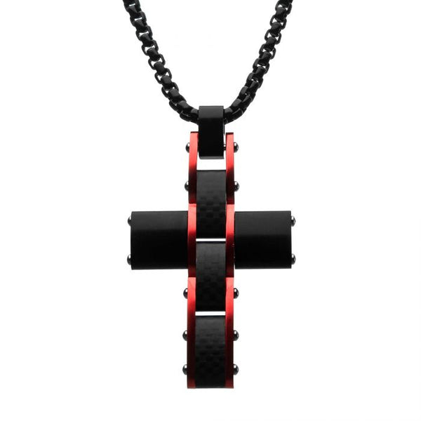 Dante  Black and Red Matte Carbon Fiber Cross Pendant with Round Box Chain