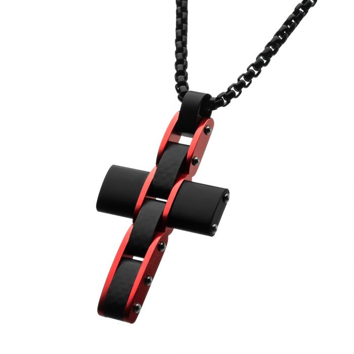 Dante  Black and Red Matte Carbon Fiber Cross Pendant with Round Box Chain