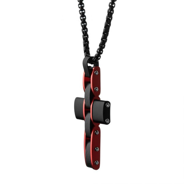 Dante  Black and Red Matte Carbon Fiber Cross Pendant with Round Box Chain