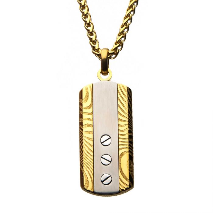 Stainless Steel & Gold Plated with Head Screw Damascus Dog Tag Pendant with Chain