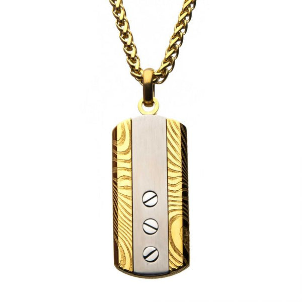 Stainless Steel & Gold Plated with Head Screw Damascus Dog Tag Pendant with Chain