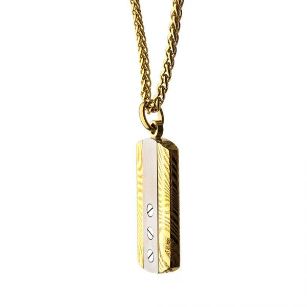 Stainless Steel & Gold Plated with Head Screw Damascus Dog Tag Pendant with Chain