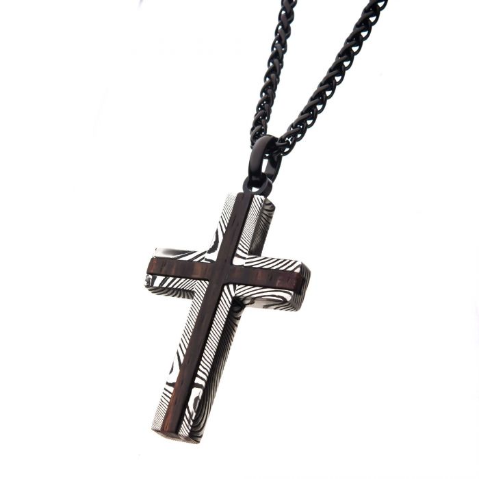 Black plated Stainless Steel Damascus cross with Ebony Wood Inlay