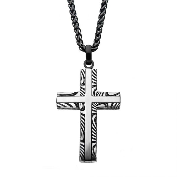 Stainless Steel Damascus Cross Pendant with Black Round Wheat Chain