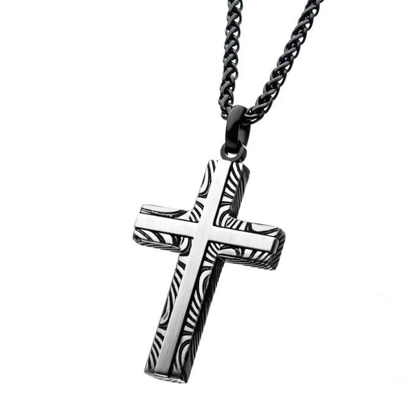 Stainless Steel Damascus Cross Pendant with Black Round Wheat Chain