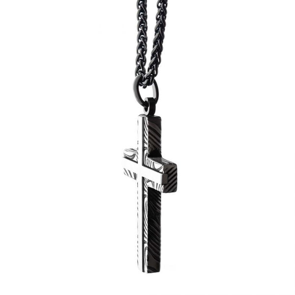 Stainless Steel Damascus Cross Pendant with Black Round Wheat Chain