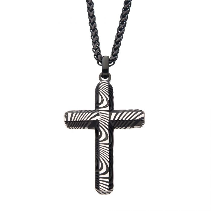 Stainless Steel and Black Plated Damascus Cross Pendant with Black Round Wheat Chain