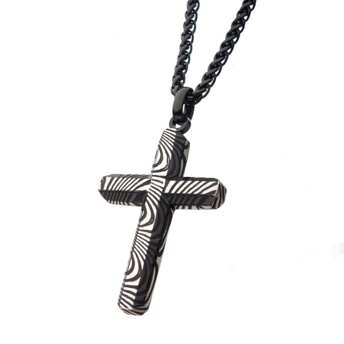 Stainless Steel and Black Plated Damascus Cross Pendant with Black Round Wheat Chain