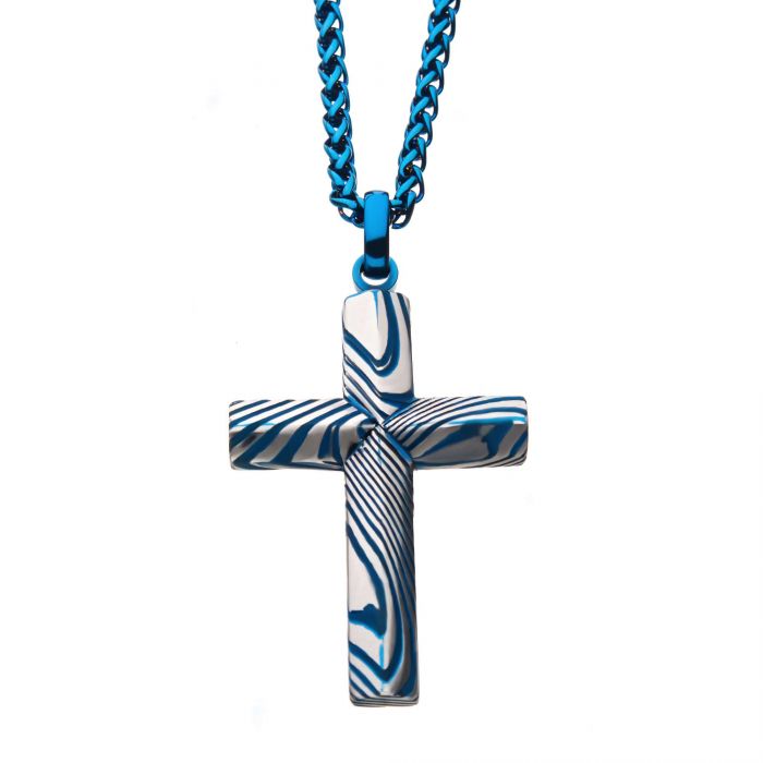 Blue Plated Damascus Cross Pendant with Blue Round Wheat Chain