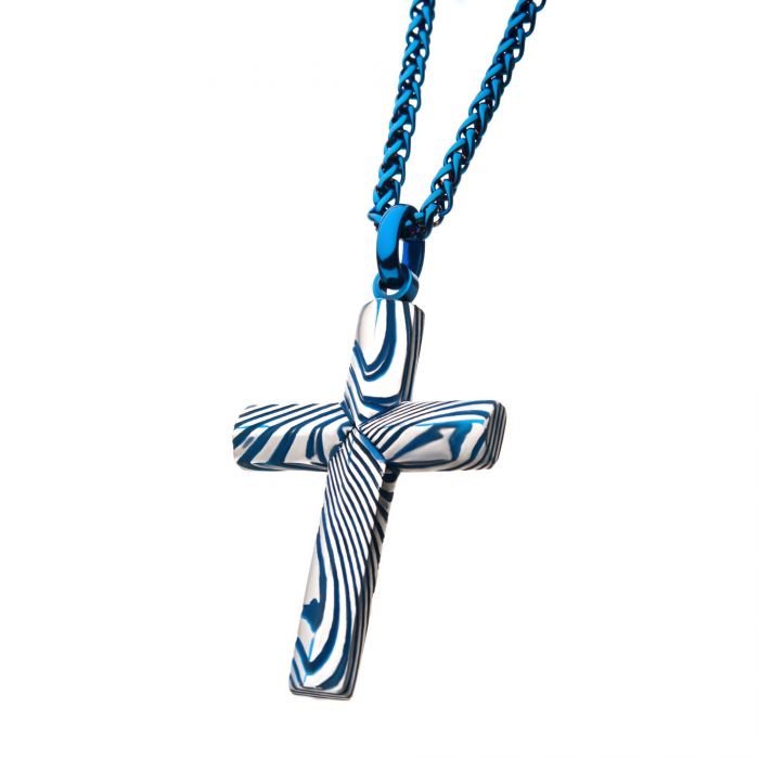 Blue Plated Damascus Cross Pendant with Blue Round Wheat Chain