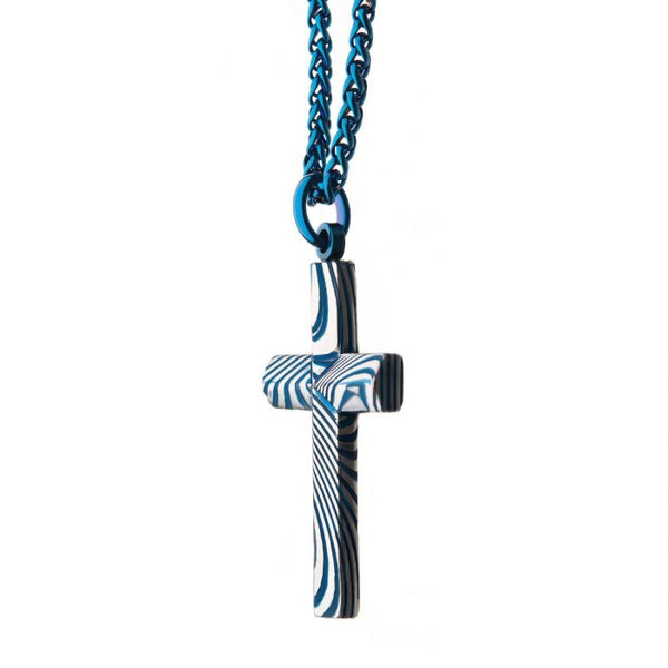 Blue Plated Damascus Cross Pendant with Blue Round Wheat Chain