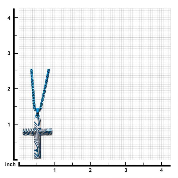 Blue Plated Damascus Cross Pendant with Blue Round Wheat Chain