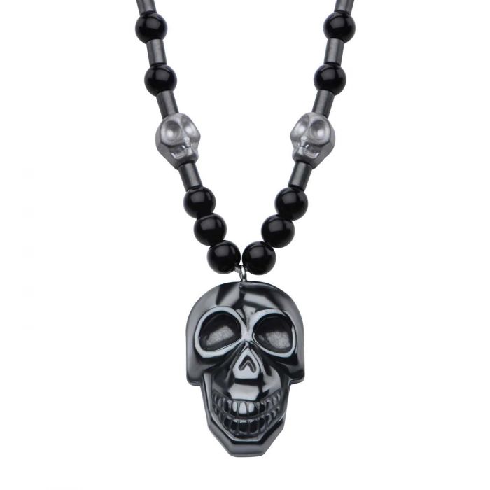 Steel Hematite Skull and 6mm Black Beads Pendant Necklace