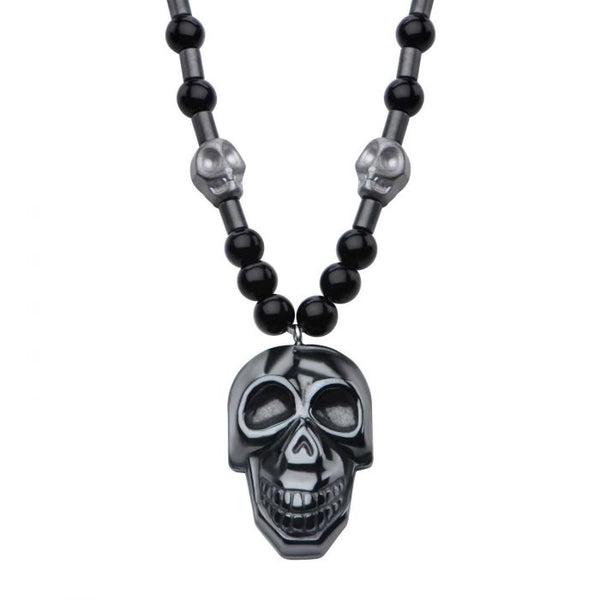 Steel Hematite Skull and 6mm Black Beads Pendant Necklace