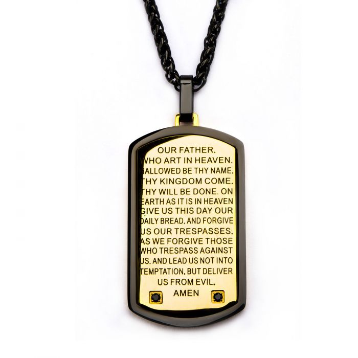 Two Tone w/ Lord's Prayer & CNC Black CZ Gem Dog Tag Pendant with Chain