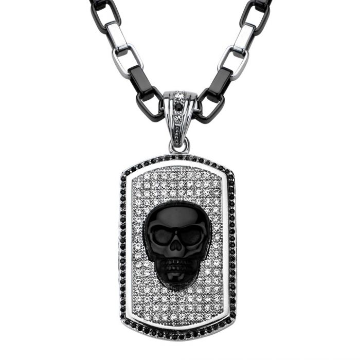 Black Onyx Skull Crystal Dog Tag Pendant Necklace