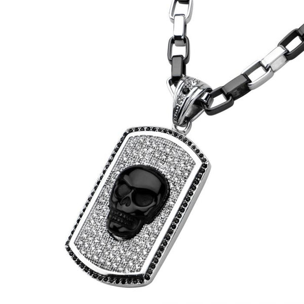 Black Onyx Skull Crystal Dog Tag Pendant Necklace