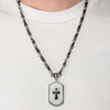 Load image into Gallery viewer, Black Onyx Skull/Cross Inlay Dog Tag Pendant with Stainless Steel Finish
2 tone chain