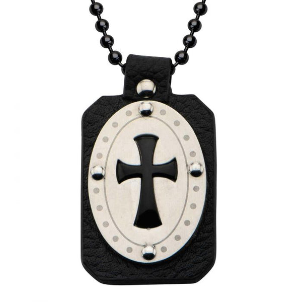 Black Leather, Steel & Onyx Cross Pendant with Chain