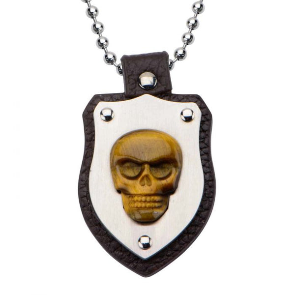 Brown Leather, Steel & Tiger Eye Skull Pendant with Chain